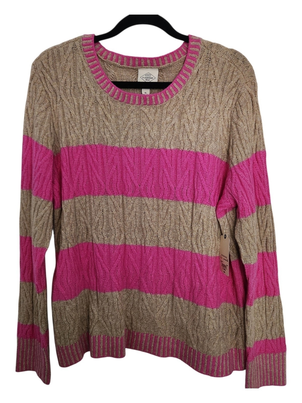 St. Johns Bay Womens Striped Cable-Knit Sweater in Pink and Beige Size XL